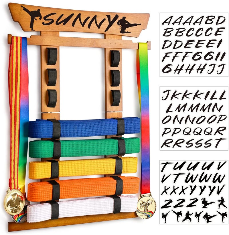 Tilhumt 8 Belt Karate Belt Display Rack with Medal Hanger and Stickers, Taekwondo Belt Display Holder, Martial Arts Belt Display Organizer for Adults, No Assembly Required (Bamboo/Acrylic) - Image 1